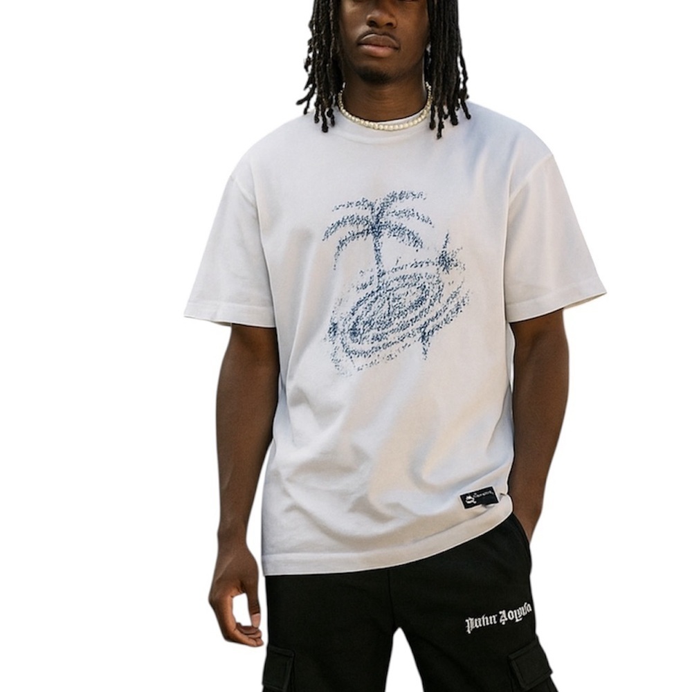 Palm‎ Tree and Galaxy Print White Graphic T-Shirt